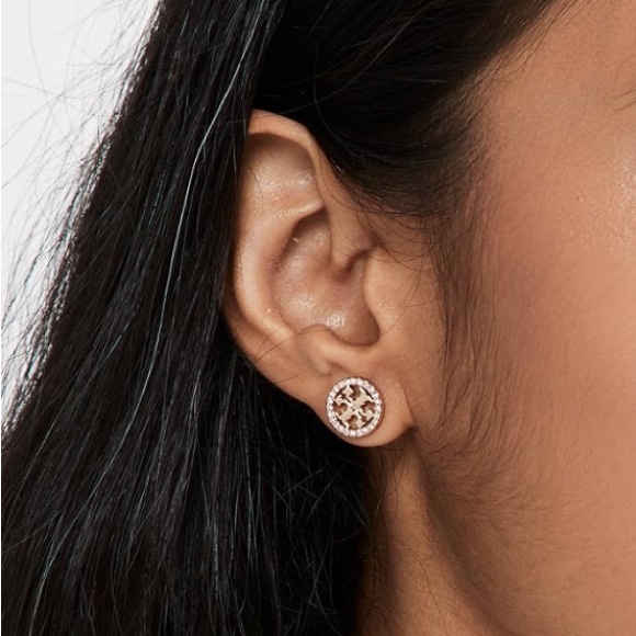 Tory Burch Pavé Embellished Gold Circle Stud Earrings - Picture 3 of 3